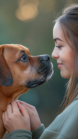 A young lady is commanding a boxer dog.の素材