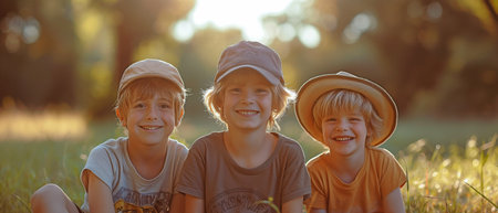 Little boys in a summer park, cheerful. Sitting on the grass with friends or siblingsの素材