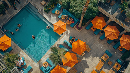 Above view from a drone of a pool and lounge area with people relaxing next to an outdoor bar with sunshades making a lovely scene.の素材
