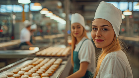 Two women in a portrait standing along a conveyor belt at a modern food production plantの素材