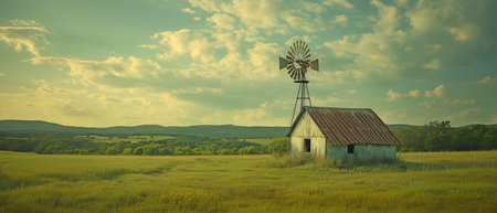 The American landscape with the tower of an antique windmillの素材