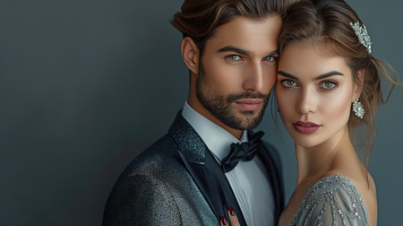 Model Woman and Man in a Fashion Couple. A suave man and a luxury glamour girl wearing silver dresses. Putting on makeup and hair for an evening on a grey backgroundの素材