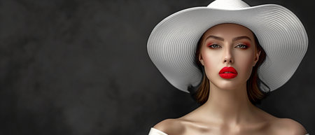 Beautiful Woman with Red Lips and a White Hat. Fashionista wearing a black gown for an elegant evening.の素材