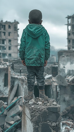 Standing atop the rubble of demolished buildings in a conflict zone is a small, lone child wearing a green jacket.の素材