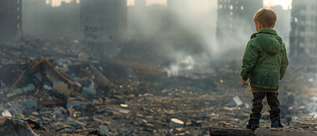 Standing atop the rubble of demolished buildings in a conflict zone is a small, lone child wearing a green jacket.の素材