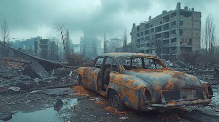 destruction of buildings and damage city destruction automobile city war ruinsの素材