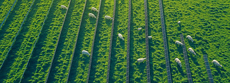 An aerial view of a lush grass field with sheep munching and solar panels. substitute energy source.の素材