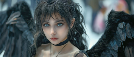 A cosplayer wearing a black-winged angel outfitの素材