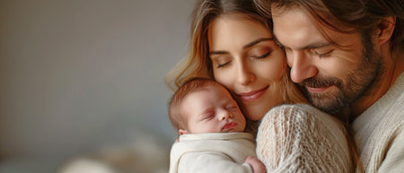 aren'ts clutching a newborn in their arms. Love for family. Father holding mother and gazing at baby on grey backgroundの素材