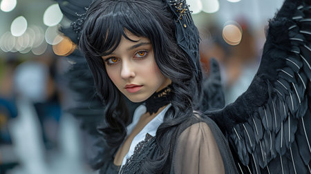 A cosplayer wearing a black-winged angel outfitの素材