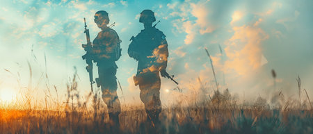 soldiers with rifles while on patrol in the army during a conflict; double exposure photo of veterans during a conflictの素材
