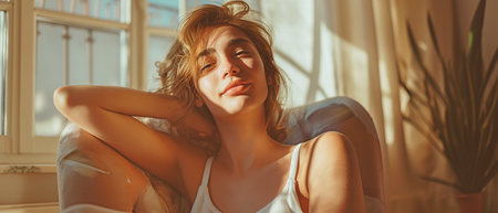 A pretty woman is seated near the window.の素材