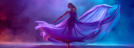 Ballerina on Stage with Beam of Light in Purple Chiffon Dress. Ballet dancer wearing a blue silk fantasy gown. Woman dancing with wings made of fluttering cyan fabricの素材