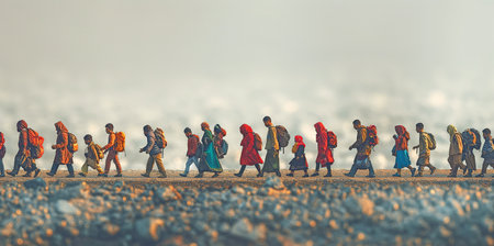 A queue of people walking overの素材