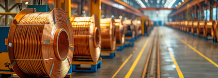 Brightly wound copper wire in the manufacturing plant's storeroomの素材