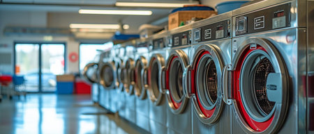 Laundry in a basket is placed in a row of industrial laundry machines in a public laundry facility.の素材