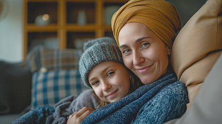 At home with her daughter, a young adult female cancer patient.の素材