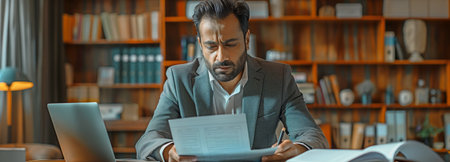 focused Indian businessman in a suit, use his home office to work on documentsの素材