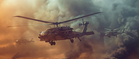 Helicopters used by the military, troops, and tanks in combatの素材