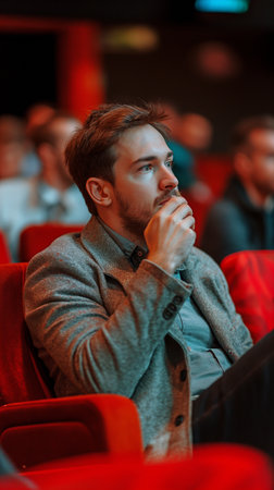 A man acting rudely while using a cell phone in a theatre, upsetting another patronの素材