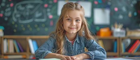 A gifted little girl solves an arithmetic problem that her teacher gave her. An image of a contented elementary school student working hard to studyの素材