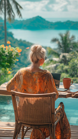 Woman in her senior years, working remotely from a luxurious Phuket house. the Andaman Sea in the distance.の素材
