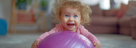 A curly toddler with blue eyes chuckles while playing with a lilac fitness ball.の素材