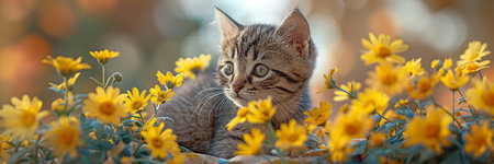 Adorable little kitty relaxing next to a vase of yellow daisy bloomsの素材