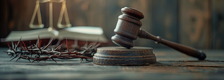 Grey table with a wooden cross, bible, crown of thorns, and judge gavelの素材