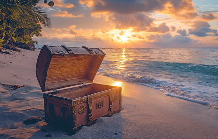 On the seashore, an open treasure chestの素材