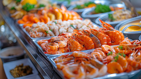 Serving a seafood feast at a table.の素材