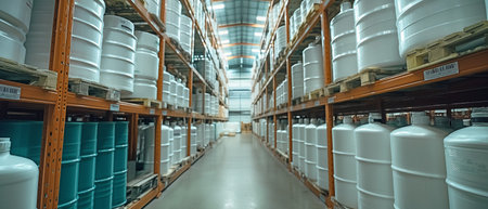 Barrels of white plastic chemical stored at a warehouseの素材