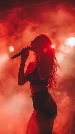 fervent vocalist performing under the spotlights, hitting a powerful emotional peakの素材