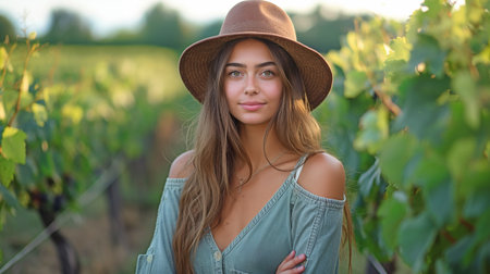 Carefree woman posing in a stylish dress in a vineyard. A woman is seen standing on a vine plantation.の素材