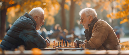 Active retired senior pals playing chess in the park. Hobbies and activities for the elderly.の素材