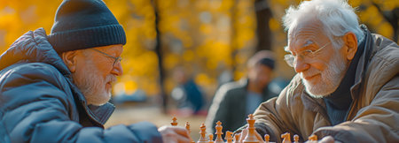 Active retired senior pals playing chess in the park. Hobbies and activities for the elderly.の素材