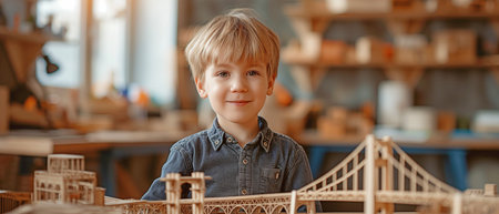 Adorable young child posing in a bright, airy workshop with a model of a bridge. Astute child modellingの素材