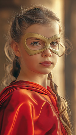 Adorned as a superhero, the young girl strikes a confident and imaginative attitude.の素材
