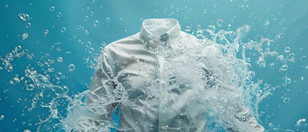 Unrealistic picture of bubbles washing a white blouse against a blue backdropの素材