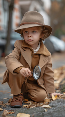 Adorable young boy posing with a magnifying glass while wearing a brown suit and cap. Concentrated child searching the crime scene for hintsの素材
