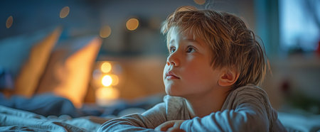 Boy thoughtfully examining the hourglass on the bedの素材