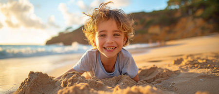 A happy boy having fun with sand on a sunny beachの素材