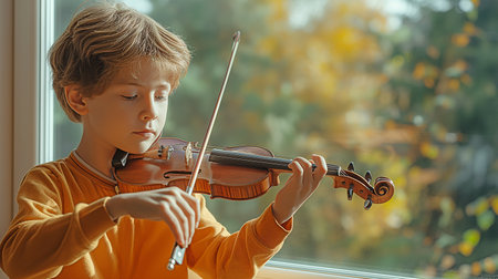 An elementary school youngster practicing his violin by the window at homeの素材