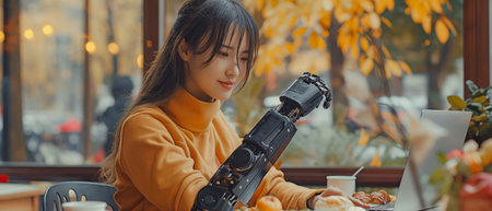 Happy black bionic-armed woman enjoying a nutritious meal while using her laptop to view a video at the tableの素材