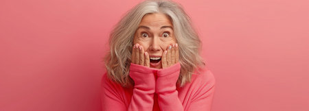 An adult woman with her hands over her lipsの素材