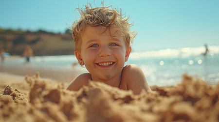 A happy boy having fun with sand on a sunny beachの素材