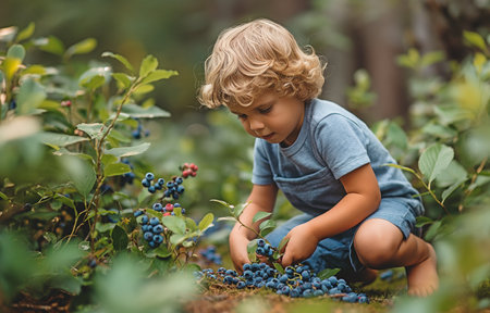 Boy squatting in the wild, gathering blueberriesの素材