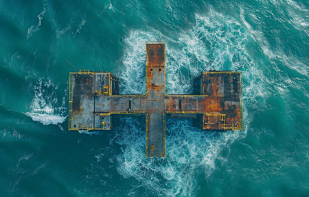 An aerial picture of the recently built offshore wind farm's energy substation in the North Seaの素材