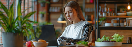 Happy black bionic-armed woman enjoying a nutritious meal while using her laptop to view a video at the tableの素材