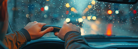 Driver's hands gripping the steering wheelの素材